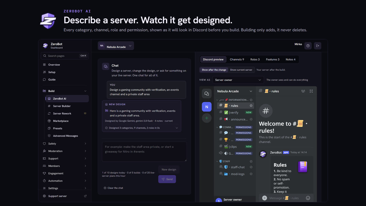 ZeroBot AI designing a server, with the Discord preview