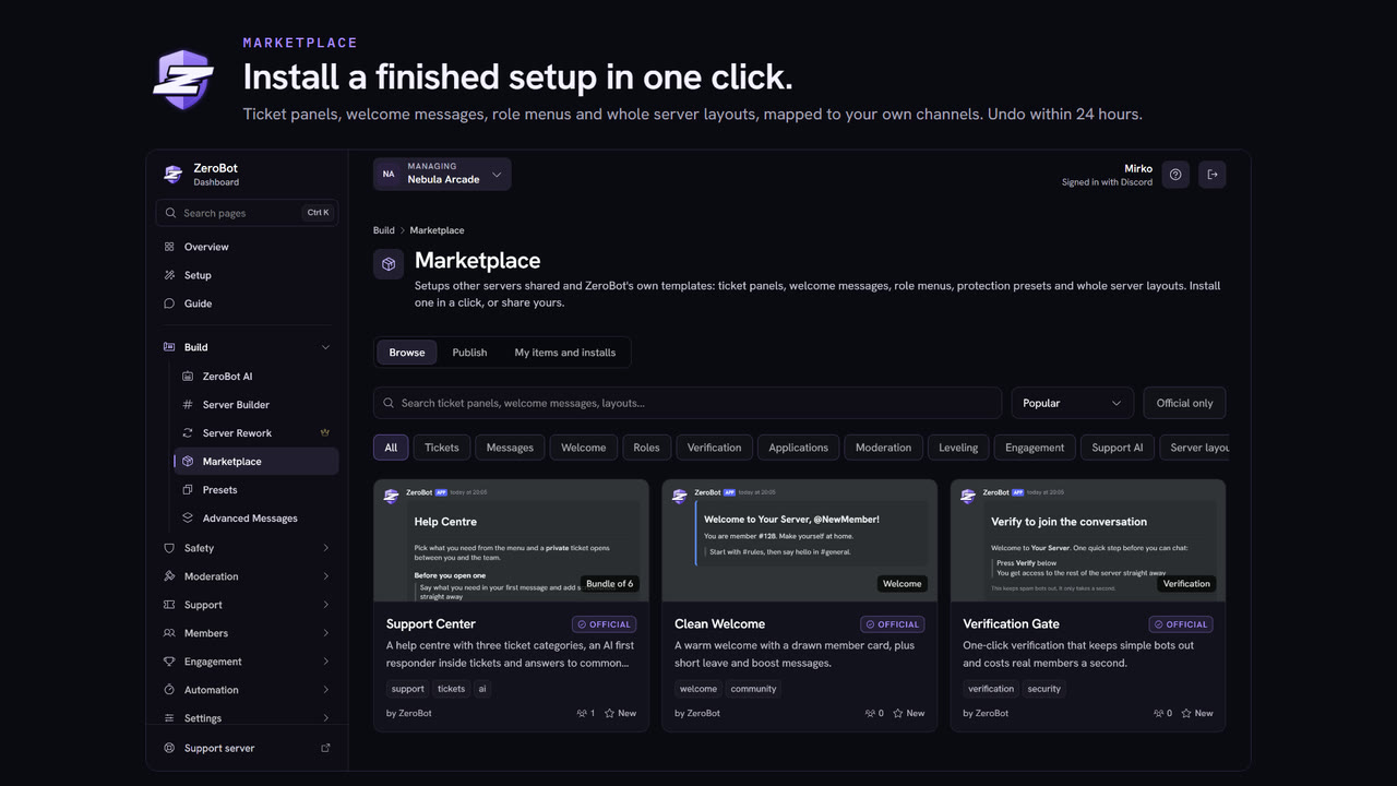The ZeroBot Marketplace with official setups