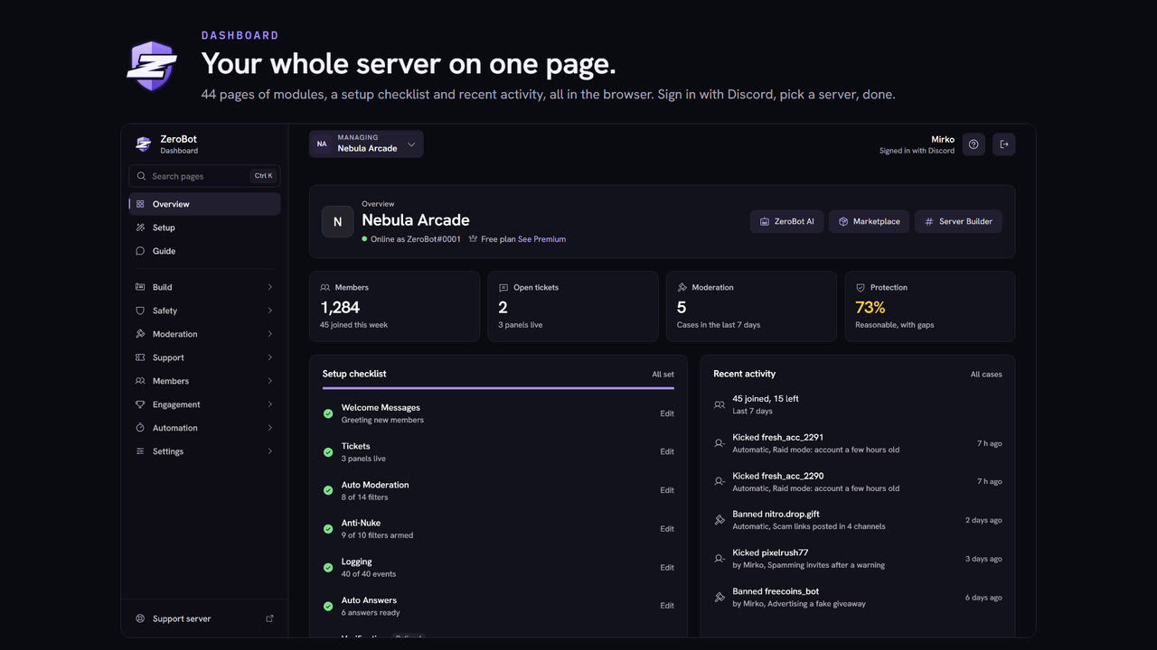 The ZeroBot dashboard overview